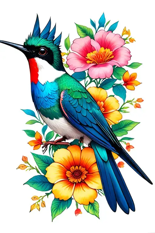 Colibri Surrounded By Vibrant Flowers
