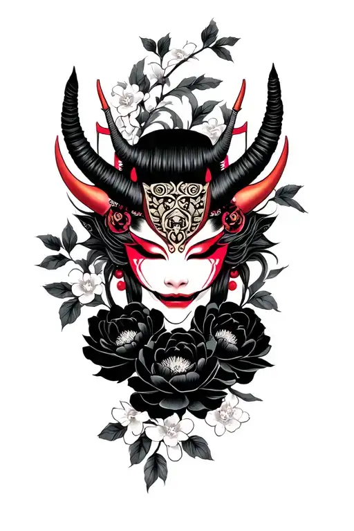 Female Oni Mask Surrounded By Black Peonies And Cherry Blossoms