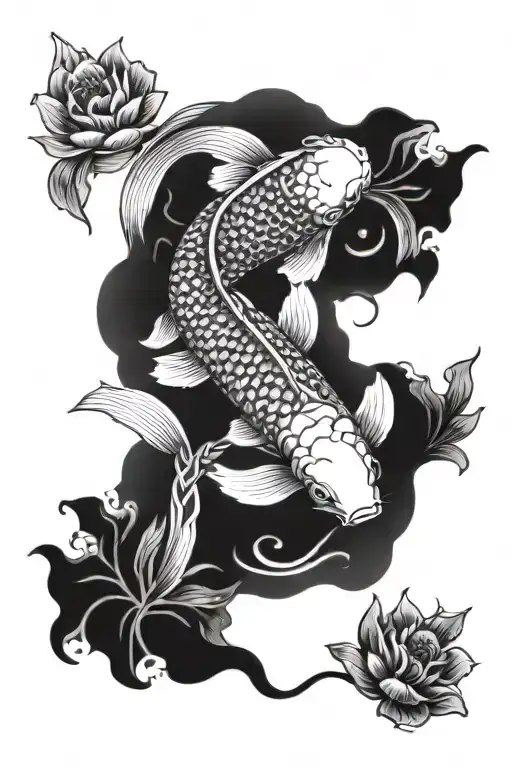 Koi Fish Black And White Tattoo Realism Blackwork