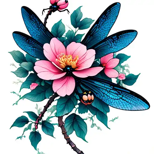 Dragonfly With Sakura Flower Blooming