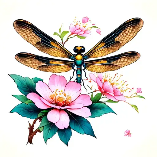 Dragonfly With A Sakura Flower Blooming