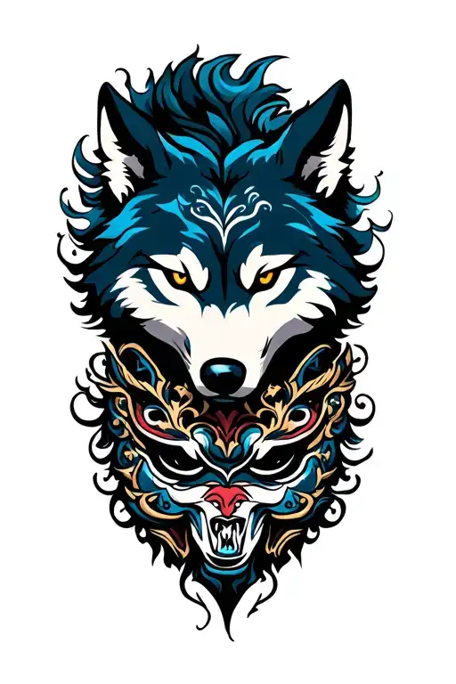 Wolf And Below A Hannyah Mask Surrounded By Swirling