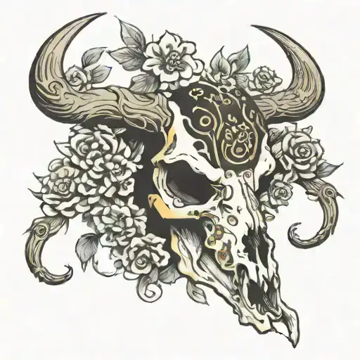 Deer Skull With Horns In Japanese Style On Sternum