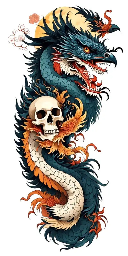 Chinese Dragon And Phoenix And Skull And Moon And Raven