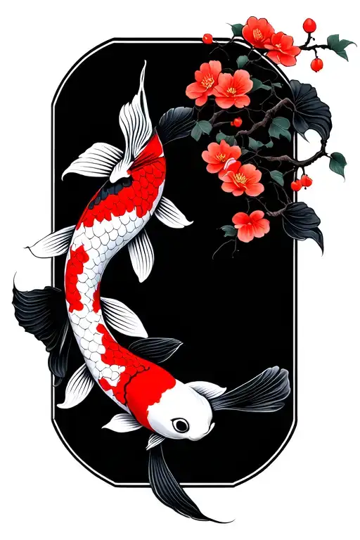 Black Red And White Japanese Koi With Cherry Blossoms