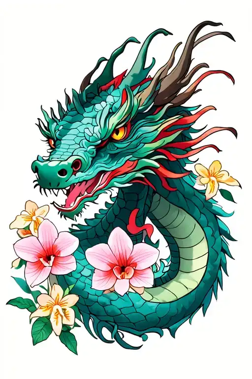 Dragon And Orchids And Wildflowers