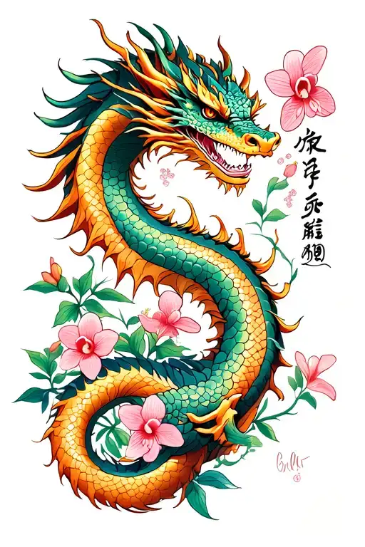 Dragon And Orchids And Wildflowers