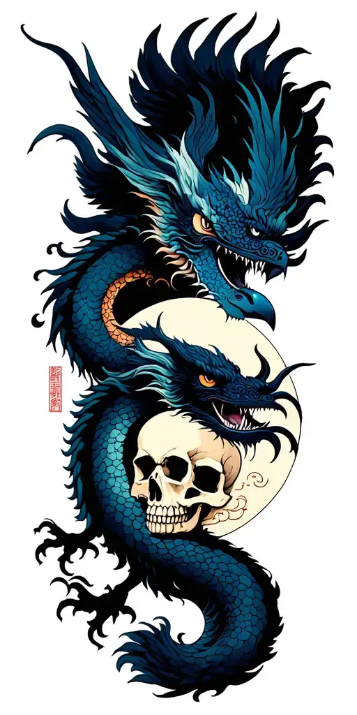Chinese Dragon And Phoenix And Skull And Moon And Raven