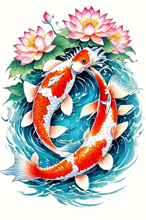 2 Koi Fish Swimming Upstream With Lotus Flowers Cherry Blossom And Chrysanthemum