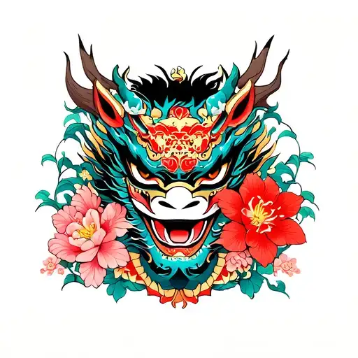 Japanese Mask With Dragon And Cerezo Flowers