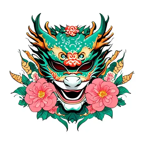 Japanese Mask With Dragon And Cerezo Flowers