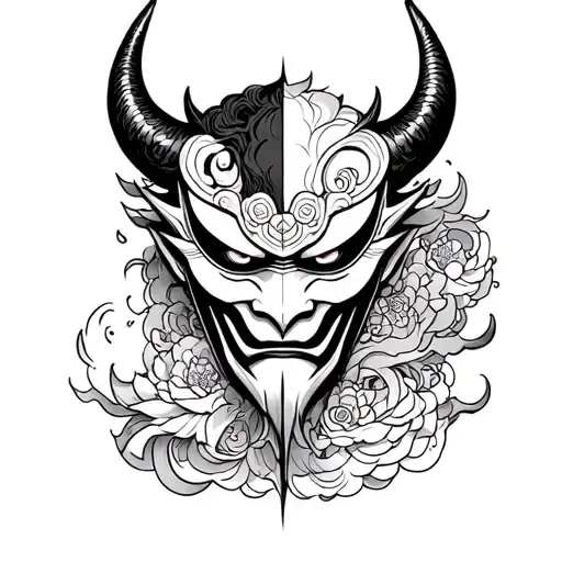 Sketch Of The Tattoo Mask Demon Merged With The Mask Of Kitsuna Half
