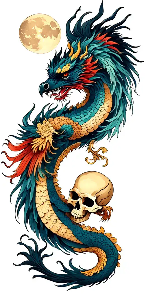 Chinese Dragon And Phoenix And Skull And Moon And Raven