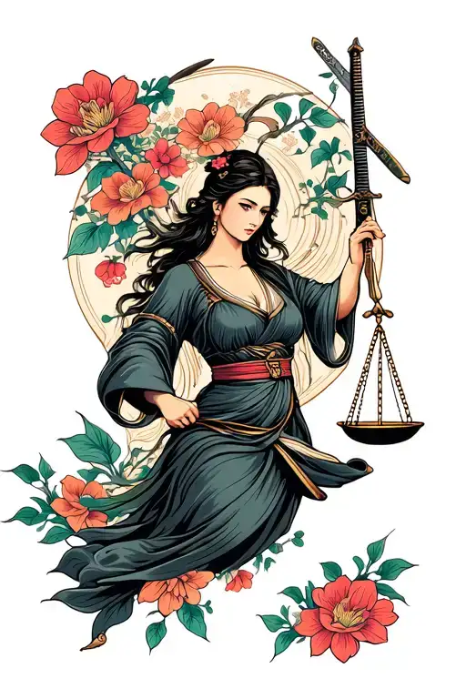 Lady Justice Holding Scales And Katana Surrounded By Japanese Flowers Traditional