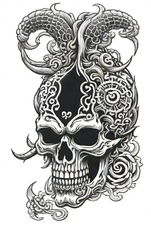 Oni Mask Adorned Skull Surrounded Black Grey