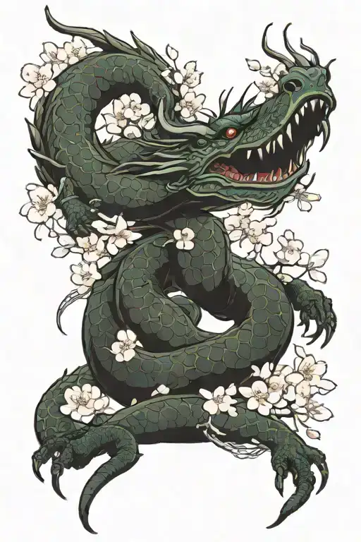Haku Dragon Body From Spirited Away With Cherry Blossoms Surrounding Him