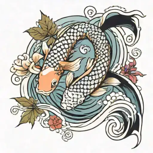 Koi Fish Waves Flowers