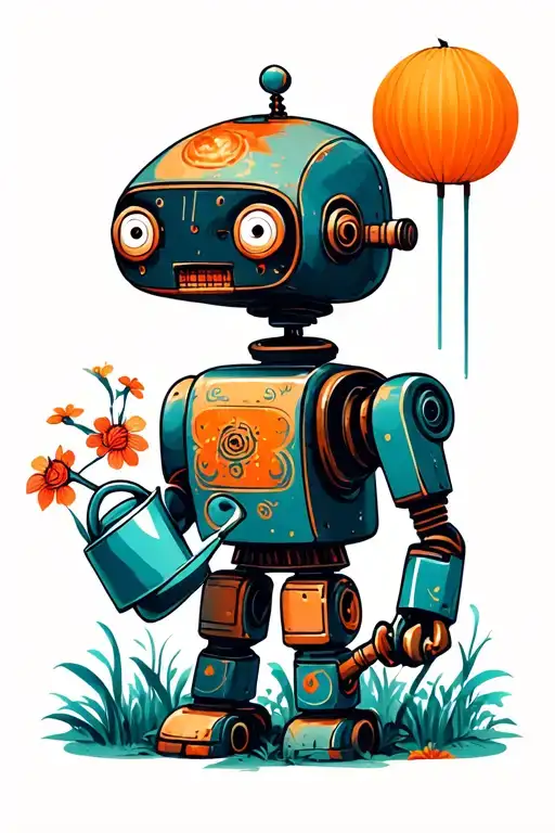 Ancient And Rusty Robot Holding Watering Can And Admiring Nature