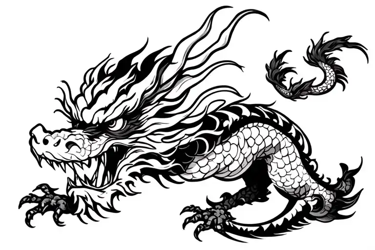 Old-school Japanese Dragon Without Wings Black & White Full Length