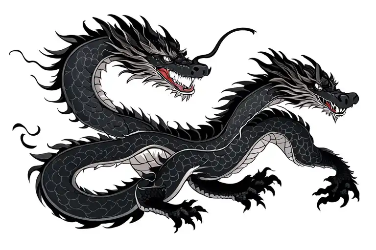 Traditional Japanese Dragon Without Wings Black And Grey Full Length Design