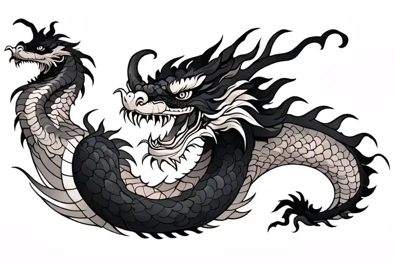 Single Head Traditional Japanese Dragon Without Wings Black And Grey Full Length Design