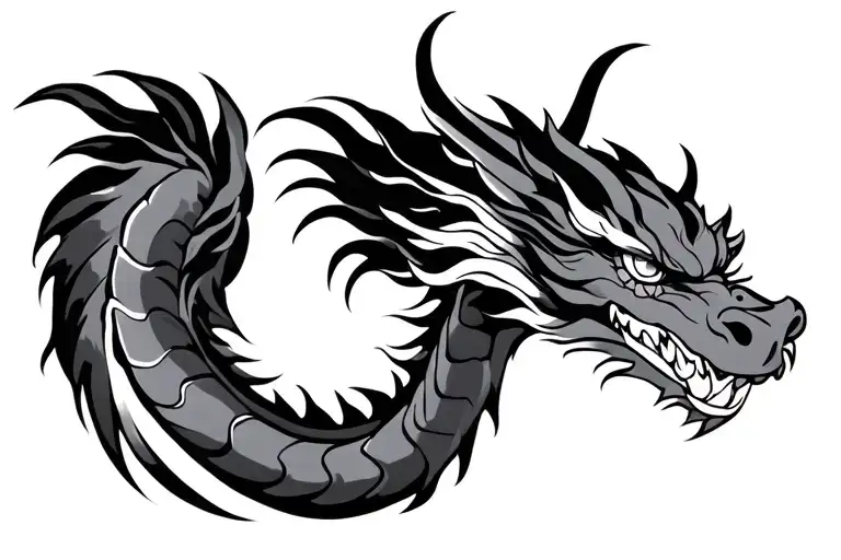 Single Head Traditional Japanese Dragon Without Wings Black And Grey Full Length Design