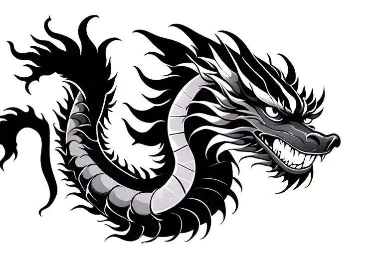 Single Head Traditional Japanese Dragon Without Wings Black And Grey Full Length Design
