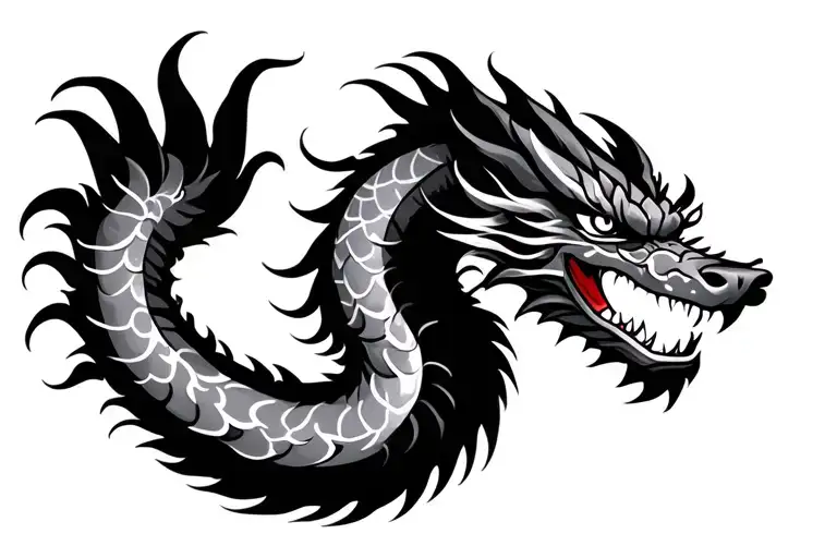 Single Head Traditional Japanese Dragon Without Wings Black And Grey Full Length Design