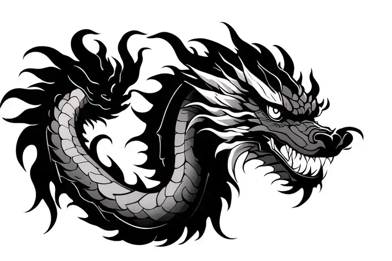 One Head Traditional Japanese Dragon Without Wings Black And Grey Full Length Design