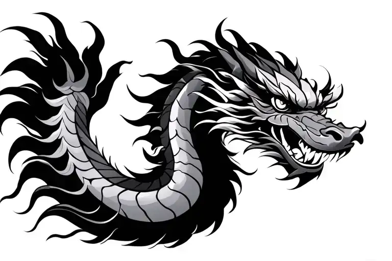 One Head Traditional Japanese Dragon Without Wings Black And Grey Full Length Design
