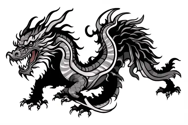 Single Head Traditional Japanese Dragon Without Wings Black And Grey Full Length Design