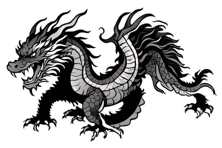 Single Head Traditional Japanese Dragon Without Wings Black And Grey Full Length Design