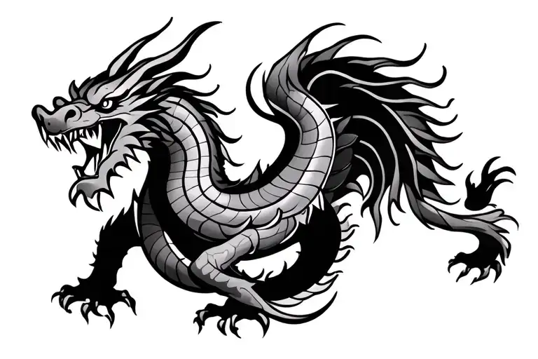 Single Head Traditional Japanese Dragon Without Wings Black And Grey Full Length Design