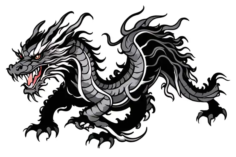Single Head Traditional Japanese Dragon Without Wings Black And Grey Full Length Design