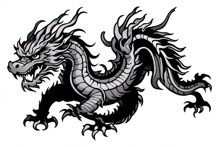 Single Head Traditional Japanese Dragon Without Wings Black And Grey Full Length Design