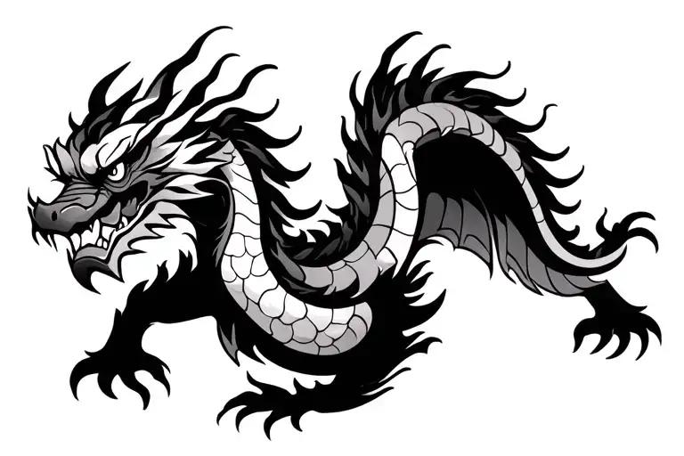 Single Head Traditional Japanese Dragon Without Wings Black And Grey Full Length Design