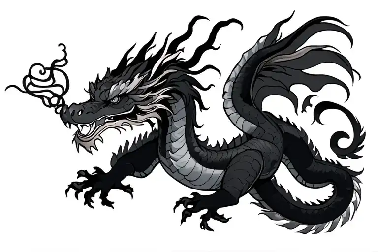 Traditional Japanese Dragon Without Wings Black And Dark Grey Full Body Length Design Hd