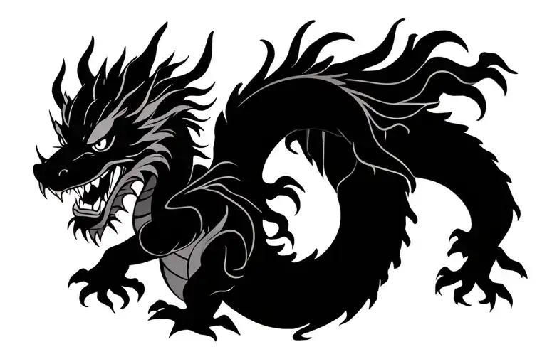 Traditional Japanese Dragon Without Wings Black And Dark Grey Full Body Length Design Hd