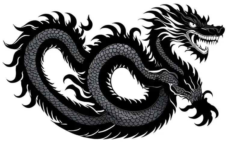 Traditional Japanese Dragon Without Wings Black And Dark Grey Full Body Length Design Hd