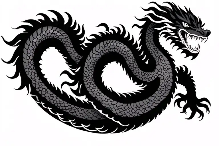 Traditional Japanese Dragon Without Wings Black And Dark Grey Full Body Length Design Hd