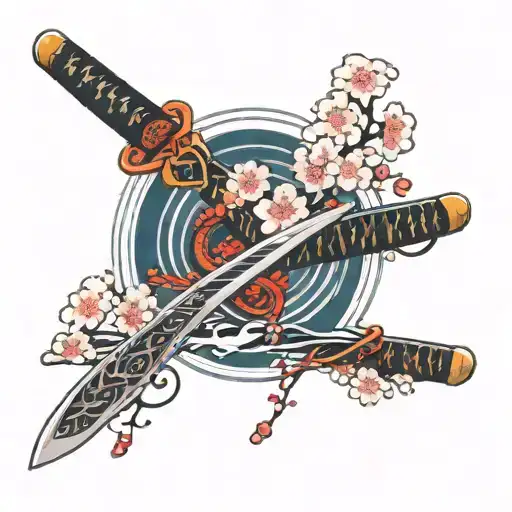 Samurai Sword Cherry Blossoms Waves Red Thread