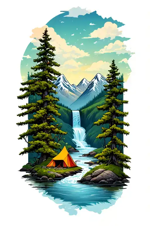 Campsite Scene On Waterfall With River Moose Trees And Mountains