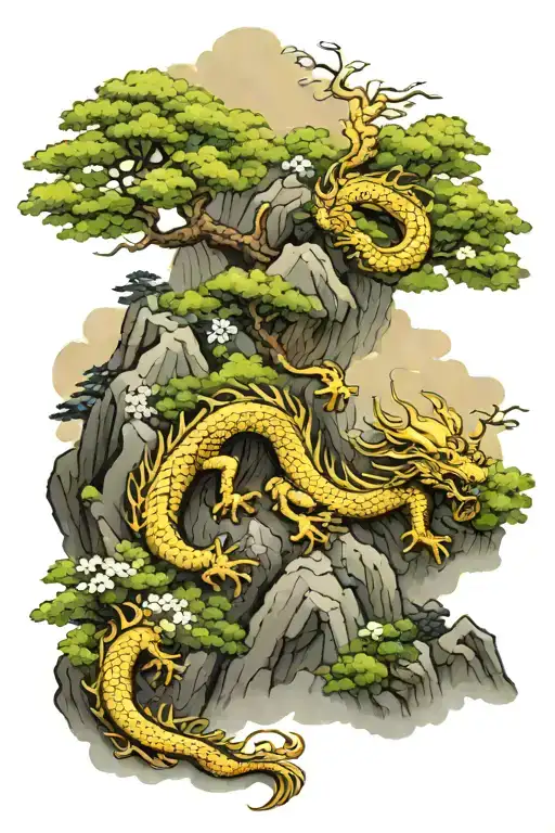 Golden Dragon And Jasmine Tree On Mountain Peak