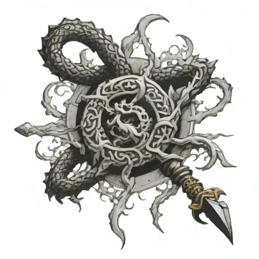 Nidhogg Wrapping Around An Anchor With Yggdrasil In The Background