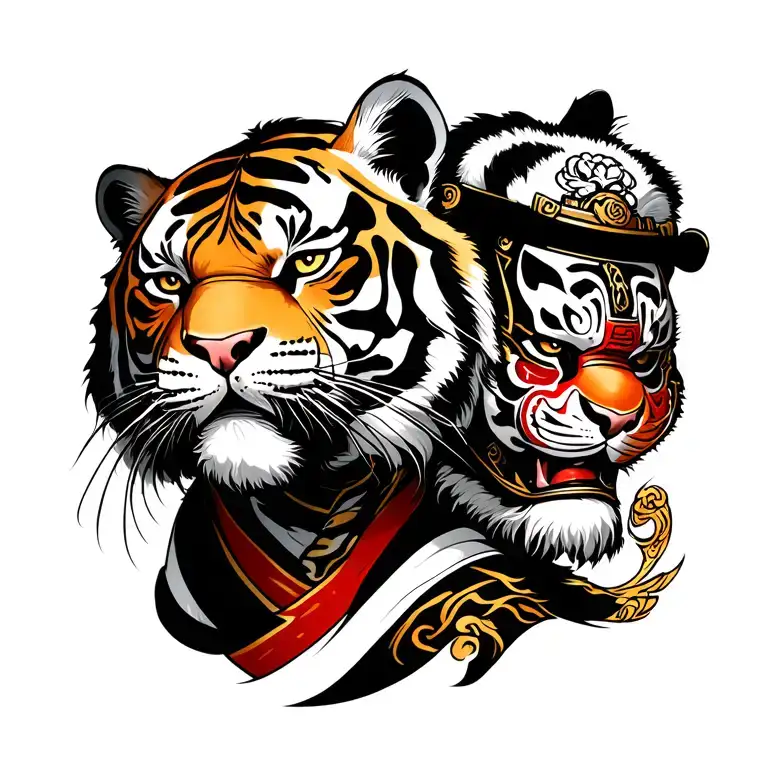 Tiger And Samurai With Mask Yakuza Styel