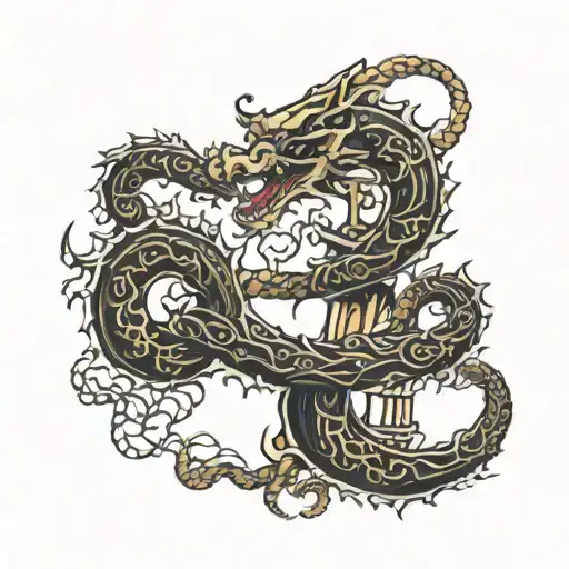 Nidhogg Curling Around A Large Anchor With Yggdrasil In The Background