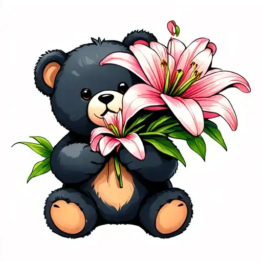 Teddy Bear Holding Lily Flowers