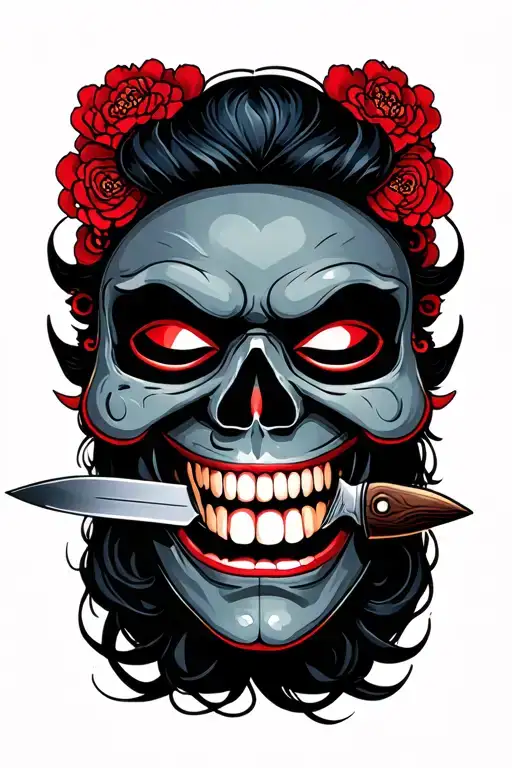 Japanese Mask Biting A Knife With Skull Behind Smiling