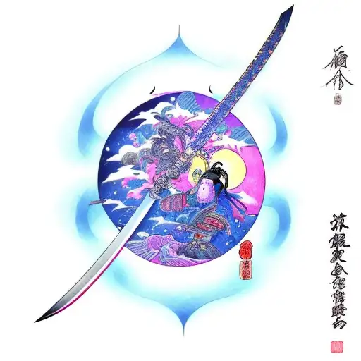 Katana With Moon At The Tip Of The Blade Surrounded By Blue And Purple Aurora