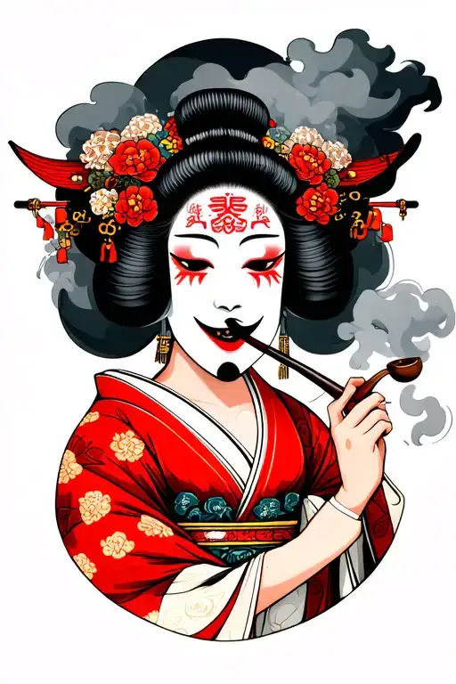 Geisha Smoking A Pipe Surrounded By Smoke And In The Smoke Is A Hannya Mask
